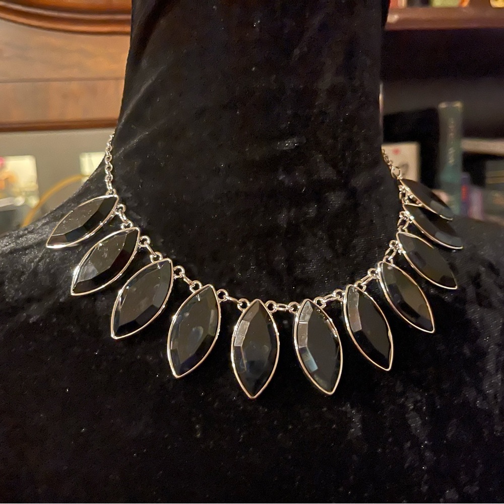 Multi Pendant Necklace Faceted Black Crystals Bezel Set In Silver Tone